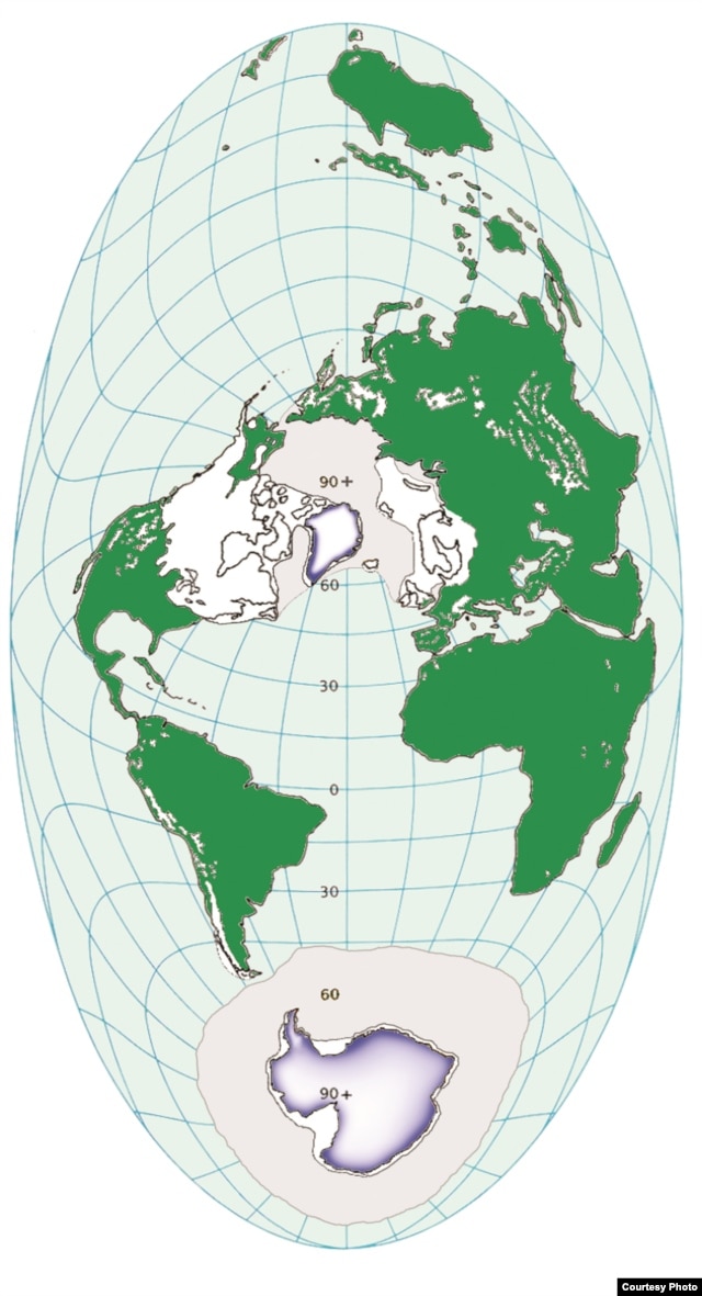 Earth during the Ice Age 23,000 years ago with large ice sheets covering the Northern Hemisphere. (Credit: Anders Carlson)
