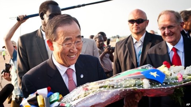 U.N. Secretary General Ban Ki-moon is greeted upon his arrival in Juba, Sudan, on Friday, July 8, 2011