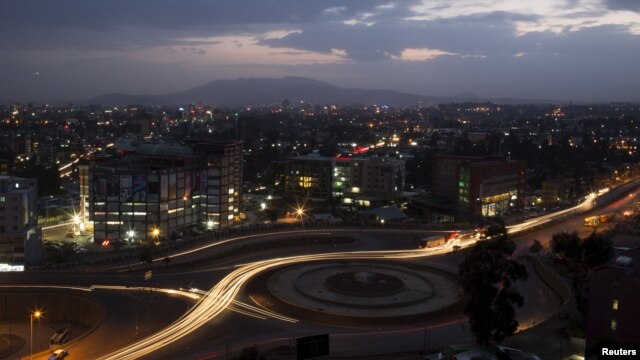 FILE - A general view shows part of the capital Addis Ababa at night, Ethiopia.