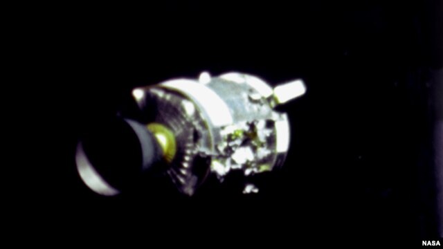 This view of the damaged Apollo 13 Service Module was taken from the Command Module as the Apollo crew returned to earth.