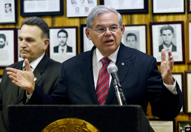 FILE - U.S. Sen. Bob Menendez (D-NJ) speaks about President Barack Obama's planned trip to Cuba during a news conference, Feb. 18, 2016, in Union City, N.J.