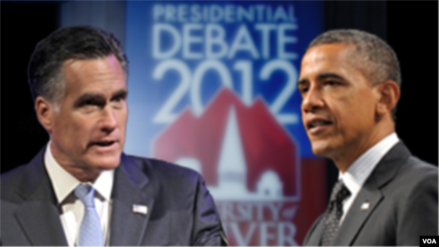 Prezidan Barack Obama (adwat) epi Gouvènè Mitt Romney