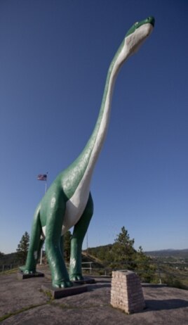 The brontosaurus at Rapid City’s Dinosaur Park looks fierce, but this species was timid as dinosaurs went. They were vegans.