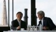 China's State Councillor Yang Jiechi, left, and U.S. Secretary of State John Kerry talk over tea during a day of meetings in Boston, Massachusetts, Oct. 18, 2014.       