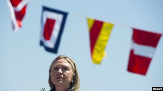 U.S. Secretary of State Hillary Clinton speaks during a Coast Guard ship commissioning ceremony at the passenger terminal wharf in Batumi June 5, 2012.
