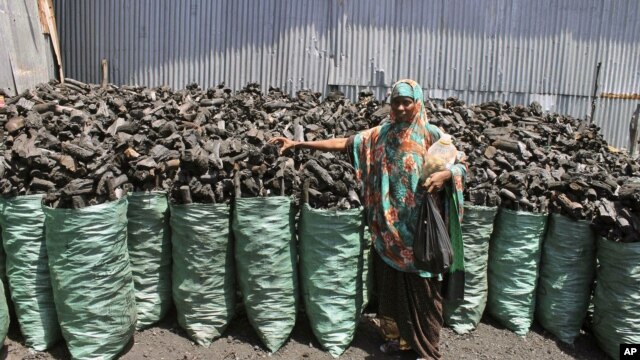Sacks of dark charcoal sit atop one another in Somalia's southern port city of Kismayo, an industry once worth some $25 million dollar a year to al-Qaida-linked insurgents, Oct. 30, 2012.