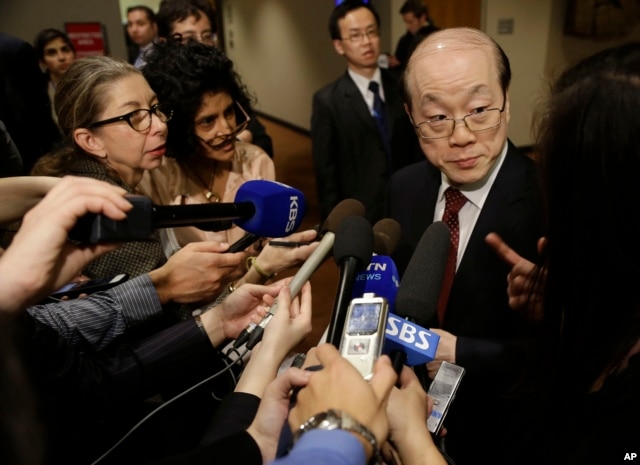 FILE - Liu Jieyi, China's U.N. ambassador, takes questions during a break inSecurity Council consultations.