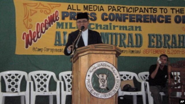 Rebel chairman Murad Ebrahim answers questions from journalists on September 5, 2011 at the Moro Islamic Liberation Front's main stronghold, Camp Darapanan in Sultan Kudarat, Maguindanao Province, The Philippines.