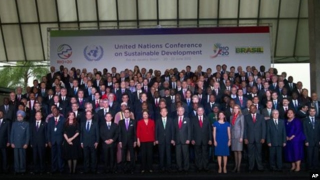 Presidents and other officials stand for a group picture at the United Nations Conference on Sustainable Development in Rio de Janeiro, Brazi. 