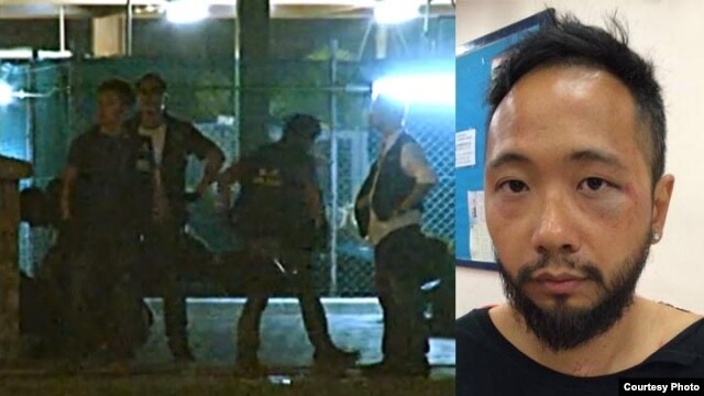Hình ảnh video cho thấy cảnh sáu nhân viên công lực mặc thường phục lôi anh Tsang vào một góc tối của một tòa nhà, liên tục đánh đập nạn nhân (phải) trong suốt bốn phút đồng hồ.