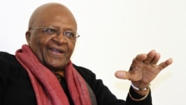 South African Archbishop and Nobel Laureate Desmond Tutu speaks during an interview with Reuters in New Delhi February 8, 2012.