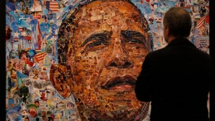 Una imagen del presidente Obama es exhibida en una galería de arte en la ciudad de Cologne, Alemania.
