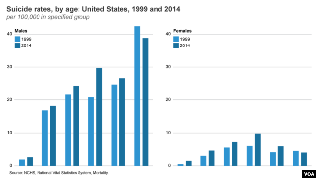 Suicide rates, US, 1999 and 2014