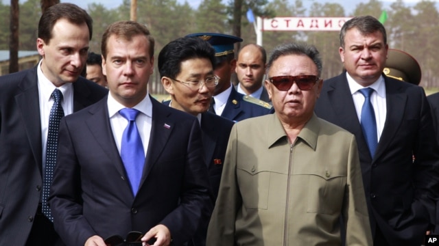 North Korean leader Kim Jong Il and Russian President Dmitry Medvedev during a meeting on a military garrison, outside Ulan-Ude, Russia, August 24, 2011