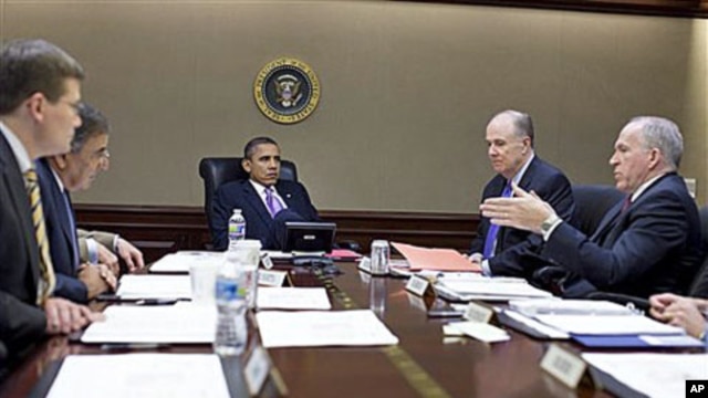 President Barack Obama is briefed by members of his national security team in the Situation Room of the White House, in Oct 2010 (file photo)