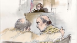This courtroom sketch shows Nakoula Basseley Nakoula talking with his attorney Steven Seiden, left, as U.S. Central District Chief Magistrate Judge Suzanne Segal presides over the proceeding in Los Angeles, California, September 27, 2012. 