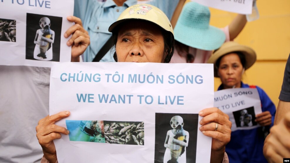 Người dân biểu tình phản đối vụ cá chết với biểu ngữ 'Chúng tôi muốn sống'.