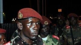 Soldiers from CAR's Seleka rebel group arrive at the airport ahead of planned peace talks with the CAR's government, Libreville, Gabon, Jan. 7, 2013.