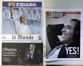 The front pages of special editions of French daily newspapers Le Figaro, Le Monde and Liberation published in Paris, Wednesday Nov. 7, 2012, following the re-election of U.S. President Barack Obama.