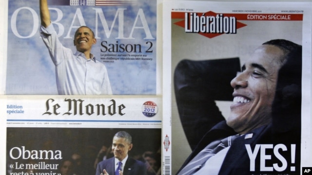 The front pages of special editions of French daily newspapers Le Figaro, Le Monde and Liberation published in Paris, Wednesday Nov. 7, 2012, following the re-election of U.S. President Barack Obama.