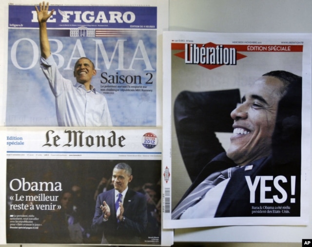 The front pages of special editions of French daily newspapers Le Figaro, Le Monde and Liberation published in Paris, Wednesday Nov. 7, 2012, following the re-election of U.S. President Barack Obama.