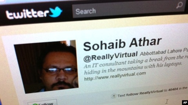 Twitter page of Sohaib Athar. In the early hours of Monday, Athar reported on his Twitter account that a loud bang had rattled his windows in the Pakistani town of Abbottabad.
