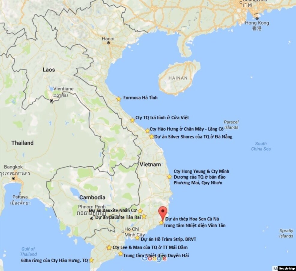 Dự án Hoa Sen Cà Ná và các căn cứ khác của TQ từ Hà Tĩnh trở vào. Xin lưu ý thêm, Campuchia giờ đã trở thành một căn cứ khổng lồ của TQ, còn Lào thì đang ngả dần về phía Bắc Kinh.