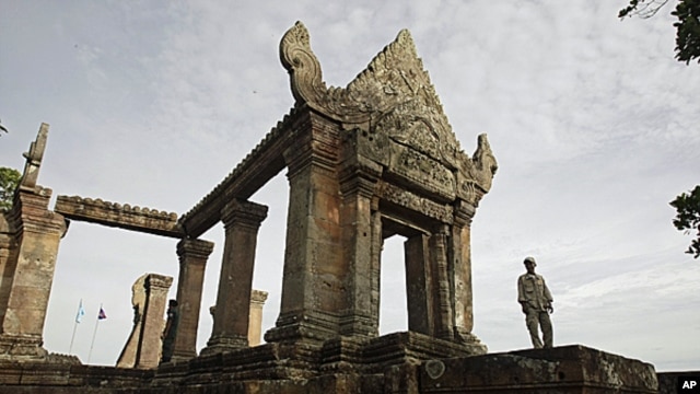 FILE - A Cambodian temple security guard stands at Preah Vihear temple, Cambodia.