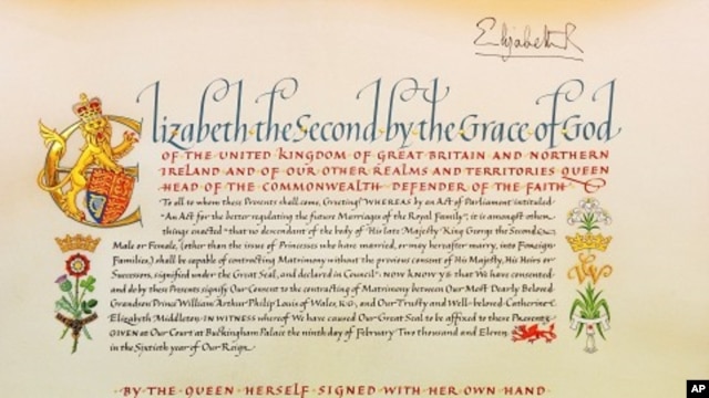 A detail from the Instrument of Consent is seen at the Crown Office at the House of Lords in London, April 21, 2011