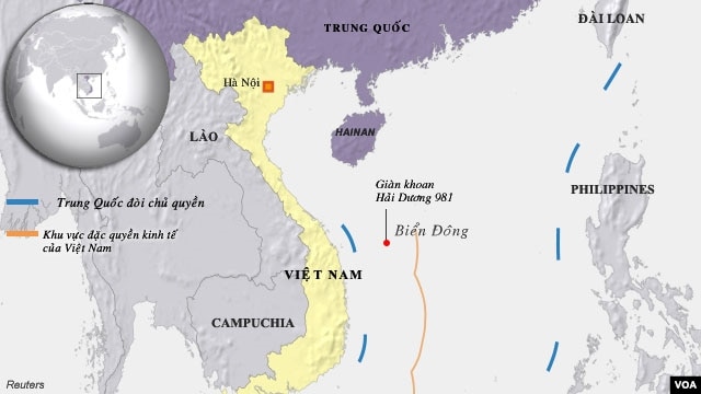 Bản đồ nơi Trung Quốc đặt giàn khoan dầu Hải Dương 981.