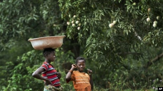 Children watch a convoy of troops from the Central African Republic, Uganda, U.S. Army special forces, and media, drive through Obo, Central African Republic, April 29, 2012.