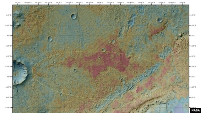 The area where NASA's Curiosity rover will land on Aug. 5 PDT (Aug. 6 EDT) has a geological diversity that scientists are eager to investigate, as seen in this false-color map based on data from NASA's Mars Odyssey orbiter.
