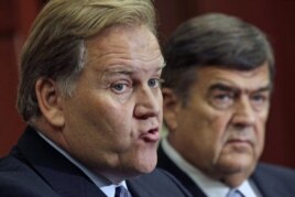 House Intelligence Committee Chairman Mike Rogers (R-MI) (L) and Rep. Dutch Ruppersberger (D-MD) hold a news conference to release a report on "national security threats posed by Chinese telecommunications companies Huawei and ZTE" on Capitol Hill in Washington, October 8, 2012.