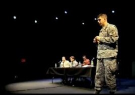 Maj. Joseph Geraci speaks at a town hall-style discussion following a 'Theater of War,' performance.