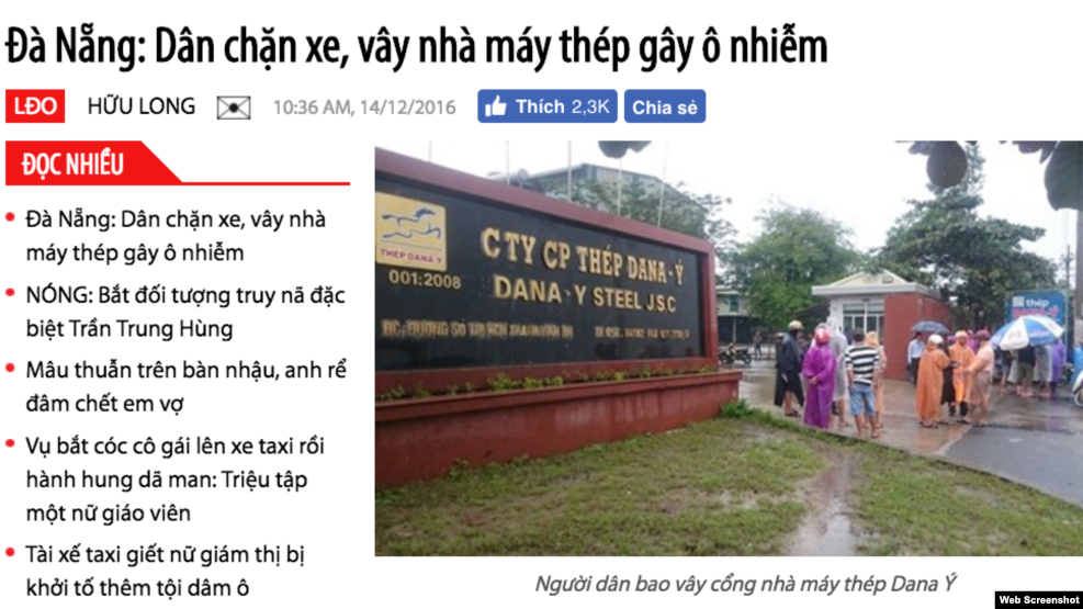 Báo chí trong nước đưa tin người dân Đà Nẵng kéo đến chặn xe, bao vây nhà máy thép gây ô nhiễm.