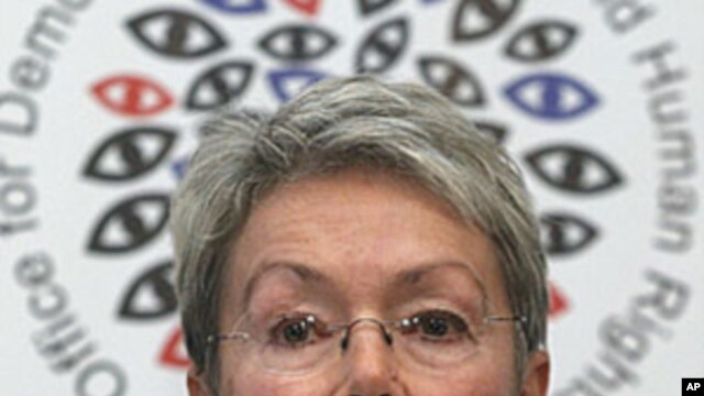 Swiss diplomat Heidi Tagliavini, the head of the OSCE, speaks during news conference in Moscow, Russia, Monday, December 5, 2011.