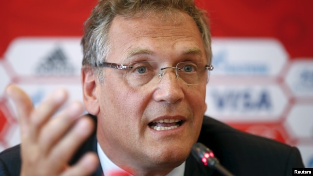 FIFA Secretary General Jerome Valcke speaks as he attends a news conference during his visit to the southern city of Samara, one of the 2018 World Cup host cities, Russia, June 10, 2015.