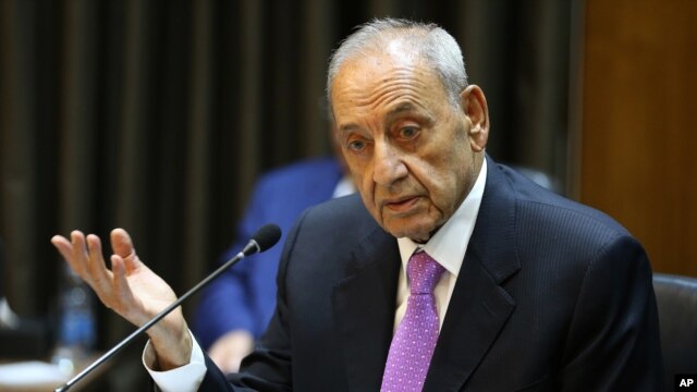 FILE - Lebanese Parliament Speaker Nabih Berri speaks during the opening session of the National Dialogue, in the Parliament building, in downtown Beirut, Lebanon, Sept. 9, 2015.