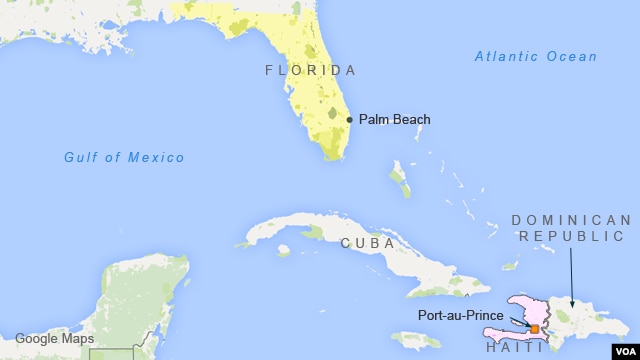 Map shows locations of Palm Beach, Florida and Haiti.