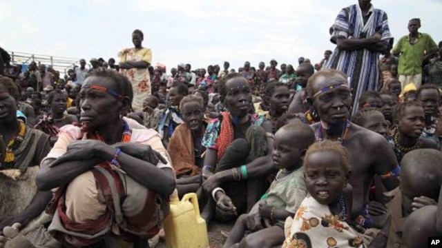 Displaced people who fled the attackers gather in Pibor County,  January 17, 2012.