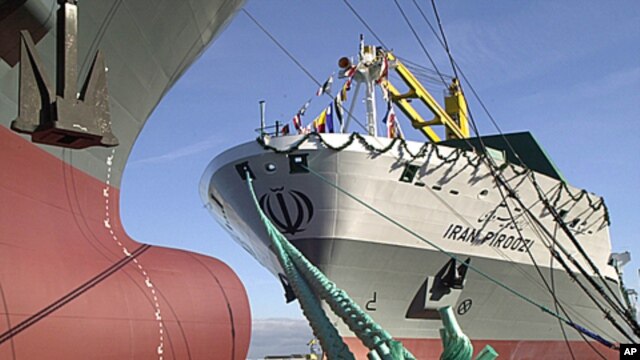 The container vessel "IRAN PIROOZI" anchors at the quay of Aker MTW Shipyard in Wismar, northern Germany, after namegiving ceremony ( 2003 file photo).