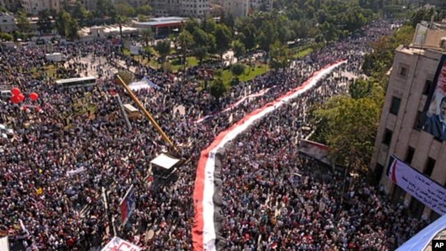 A handout picture released by the Syrian Arab News Agency (SANA) shows hundreds of supporters of Syrian President Bashar al-Assad as they take part in a pro-regime rally in Aleppo, Syria October 19, 2011.