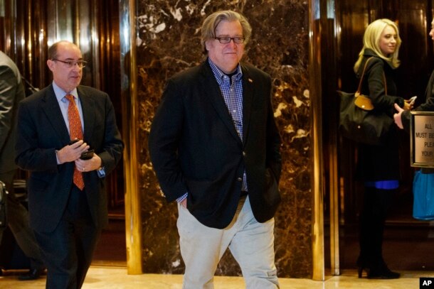 FILE - In this Friday, Nov. 11, 2016, file photo, Stephen Bannon, campaign CEO for President-elect Donald Trump, leaves Trump Tower in New York.