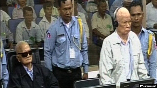 Former Khmer Rouge leaders Khieu Samphan and Nuon Chea appear before the the Extraordinary Chambers in the Courts of Cambodia (ECCC) in Phnom Penh.
