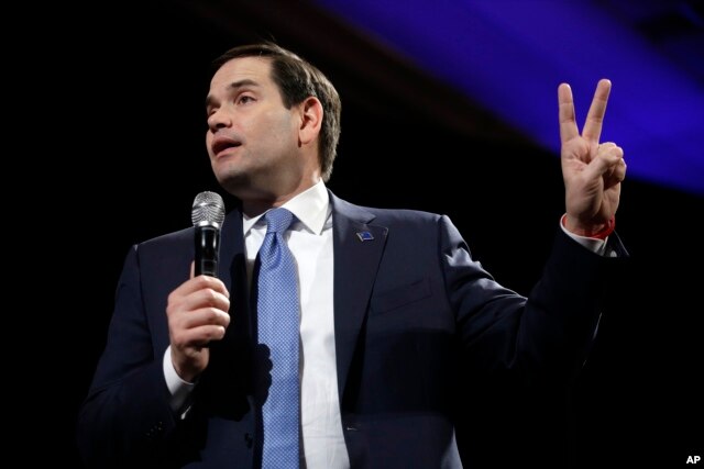 FILE - Republican presidential candidate Sen. Marco Rubio, R-Fla, speaks at a rally in Reno, Nevada, Feb. 22, 2016. Both Rubio and Cruz stated their willingness to make public their tax records and criticized Trump for demurring on the issue.