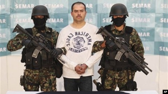 Mexican Marines link arms with Sergio Antonio Mora Cortes, alias "El Toto," as they present him to the press after his arrest in Mexico City, Feb. 28, 2011