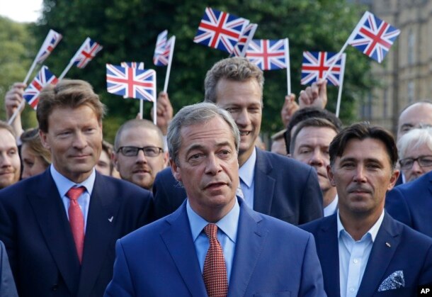 Nigel Farage, the leader of the UK Independence Party speaks to the media on College Green in London, June 24, 2016.