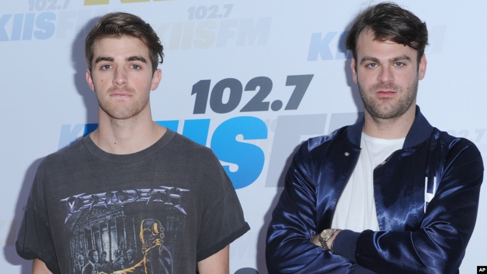 Andrew Taggart, left, and Alex Pall, of The Chainsmokers, arrive at Wango Tango at StubHub Center in Carson, California.