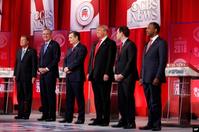 Republican presidential candidates take the stage before the CBS News Republican presidential debate at the Peace Center, Feb. 13, 2016, in Greenville, S.C.