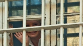 Former Ukrainian Prime Minister Yulia Tymoshenko waves to supporters from a prison window in Kyiv, Ukraine, November 4, 2011.